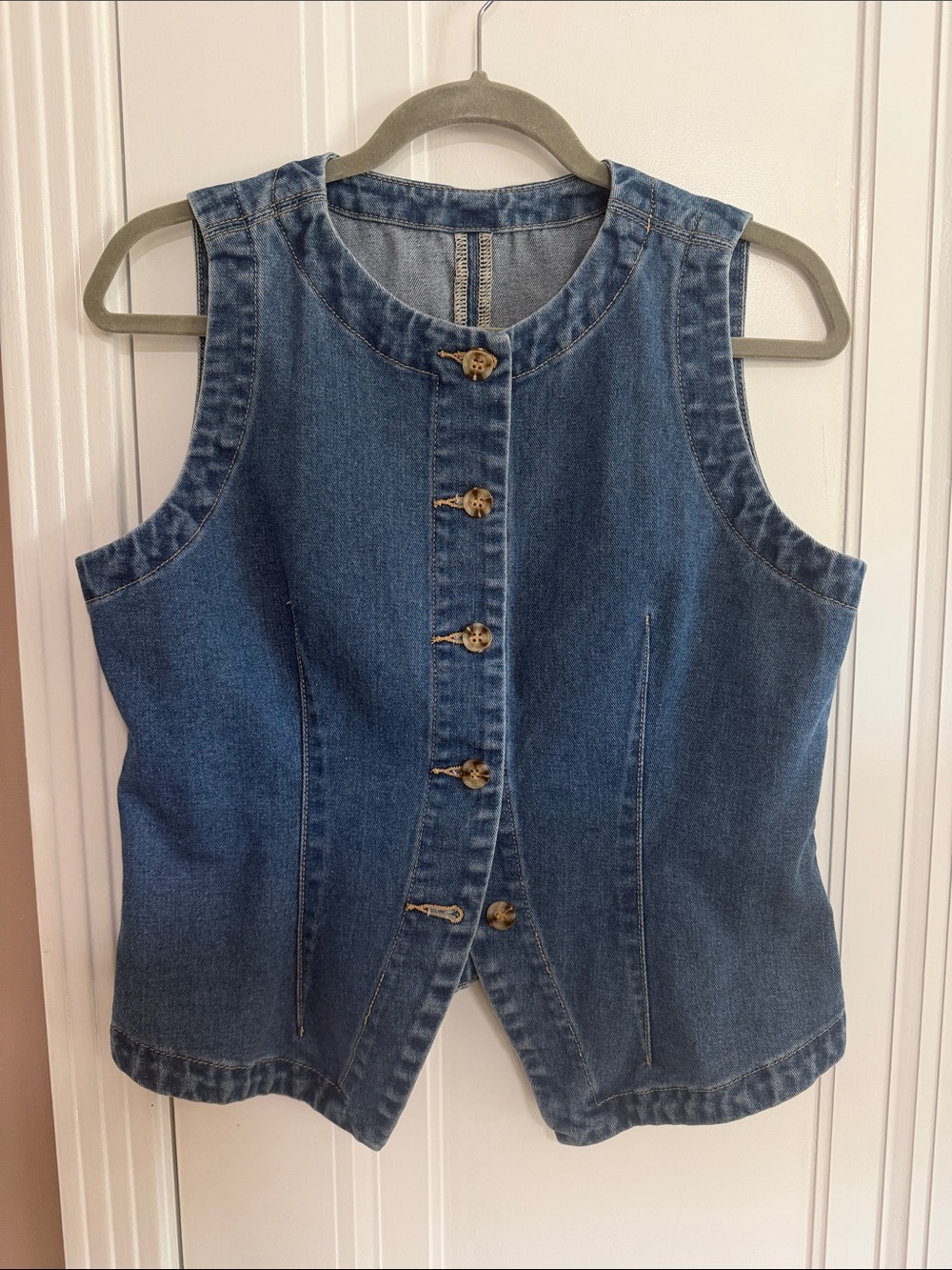 Denim Button-Front Sleeveless Vest - Blue
